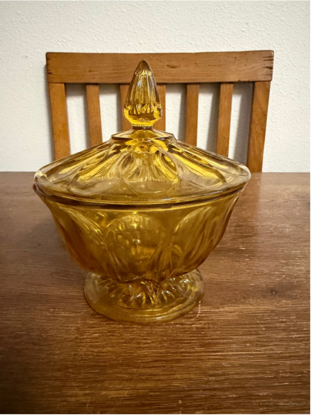 Vintage Amber Glass Covered Candy Dish Pedestal Compote Leaf Pattern MCM